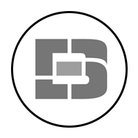 Gray abstract logo inside a black-outlined circle on a white background