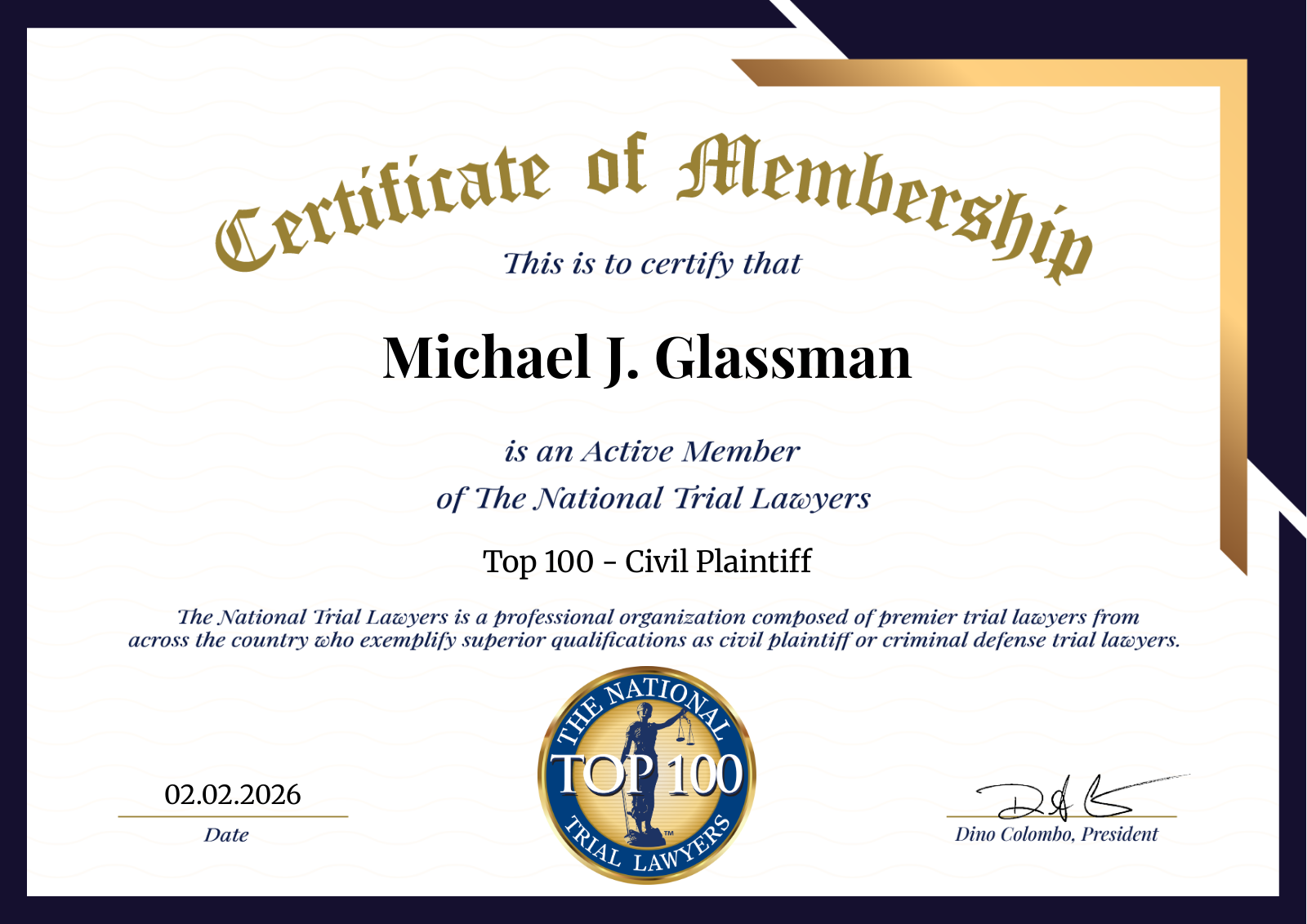 A Certificate of Membership from The National Trial Lawyers naming Michael J. Glassman to the Top 100 - Civil Plaintiff.