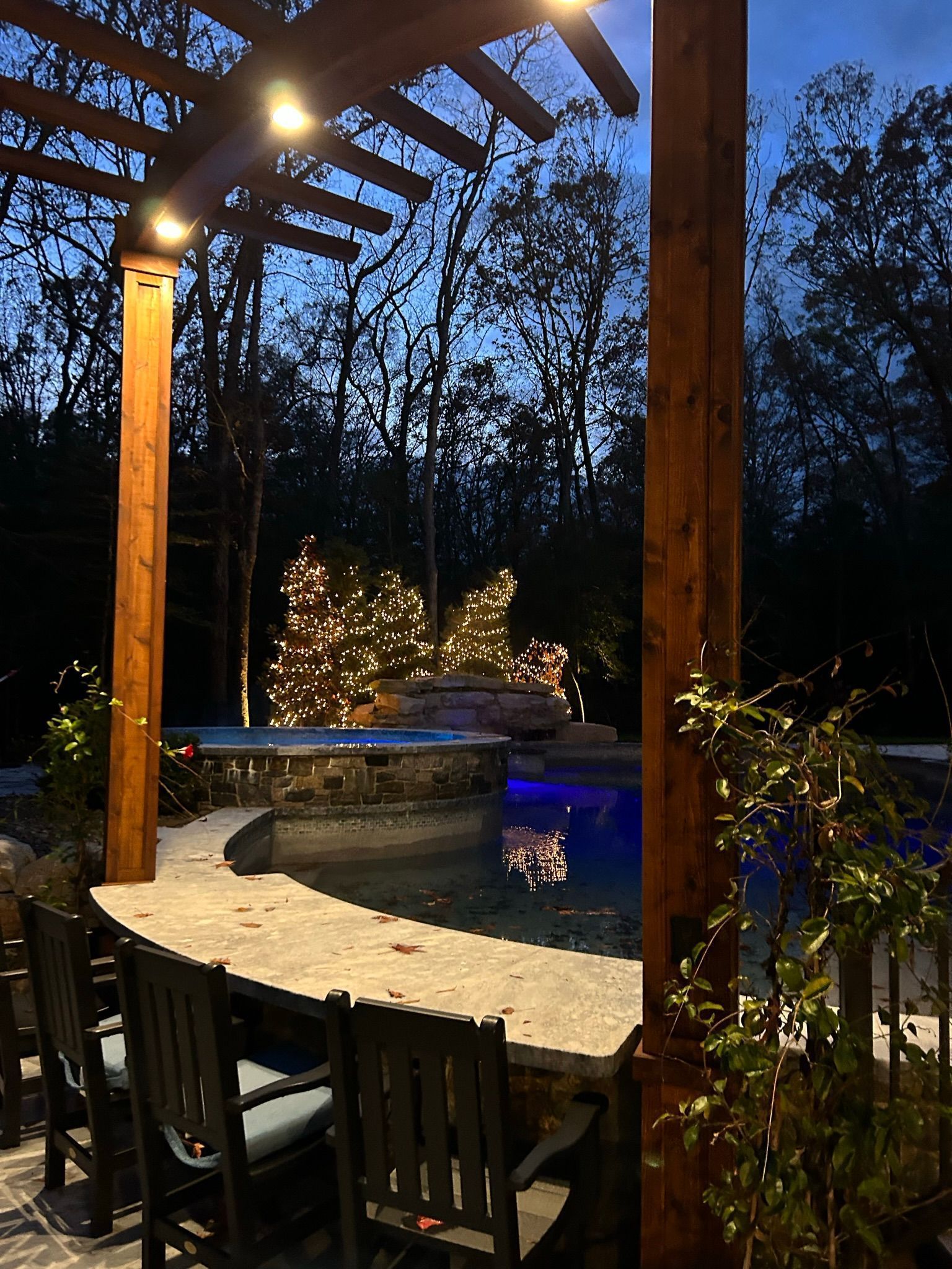 Night view of a pool with a stone bar and wooden pergola, lit by string lights against a dark forest background.