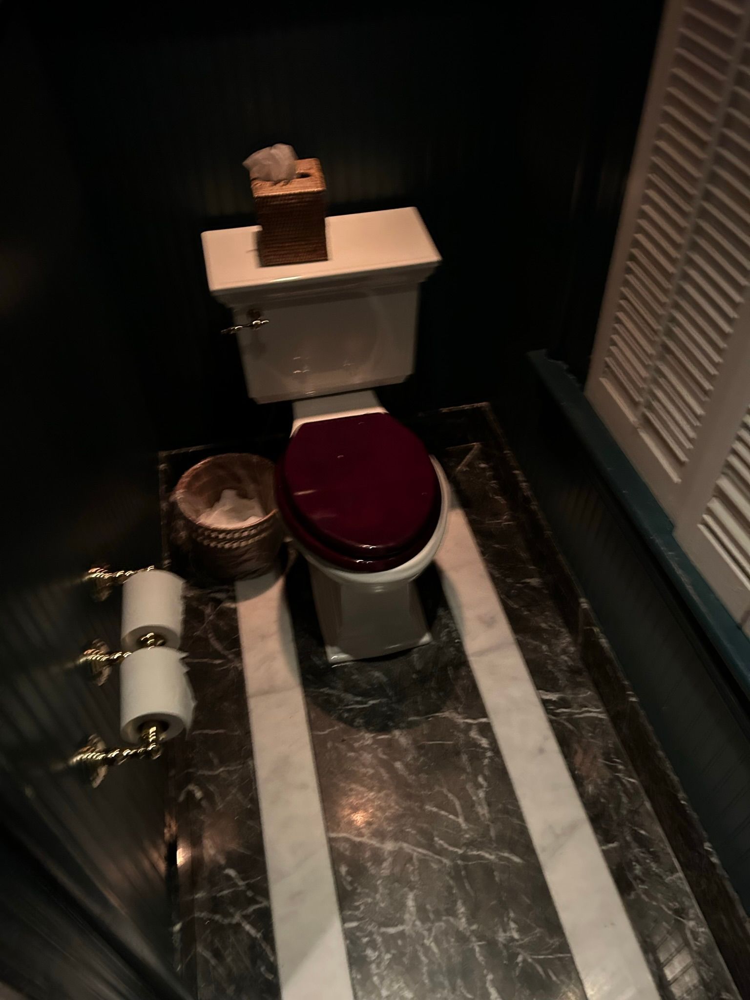 Toilet in a dark-walled bathroom with dark marble flooring and white stripe. Burgundy toilet seat, tissue box.
