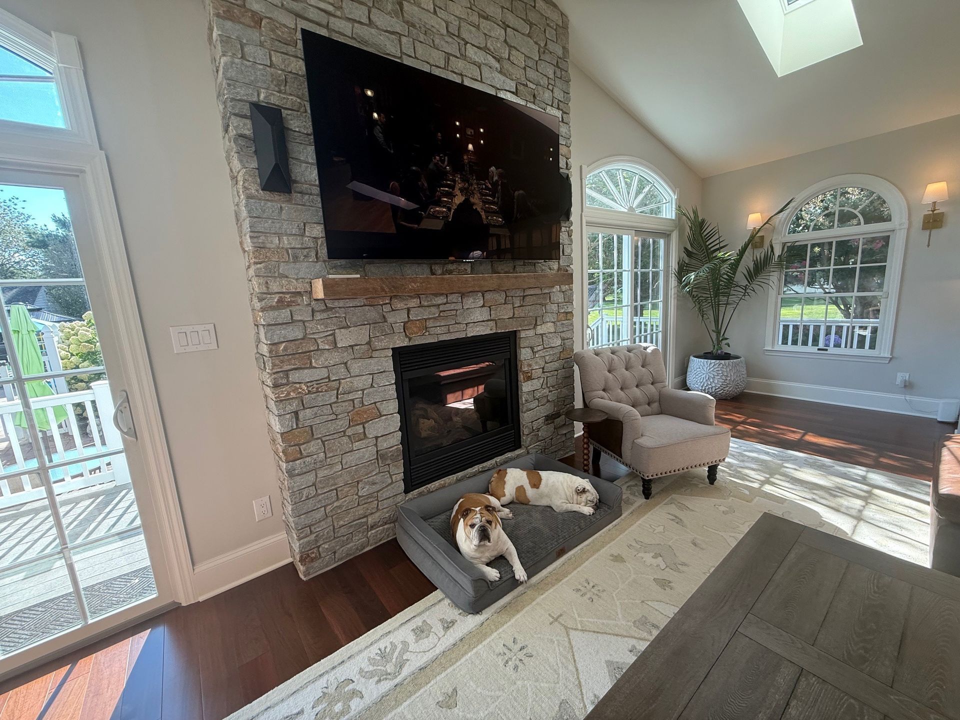 Two dogs resting in a bed in front of a fireplace in a living room.
