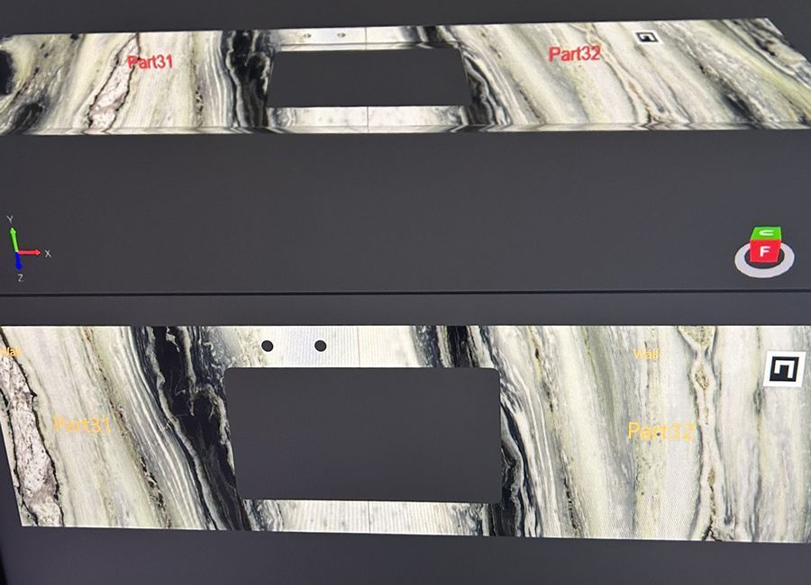 Diagram of two countertop pieces, featuring marble-like patterns, with cutouts. Labels: Part 1, Part 2, and other details.