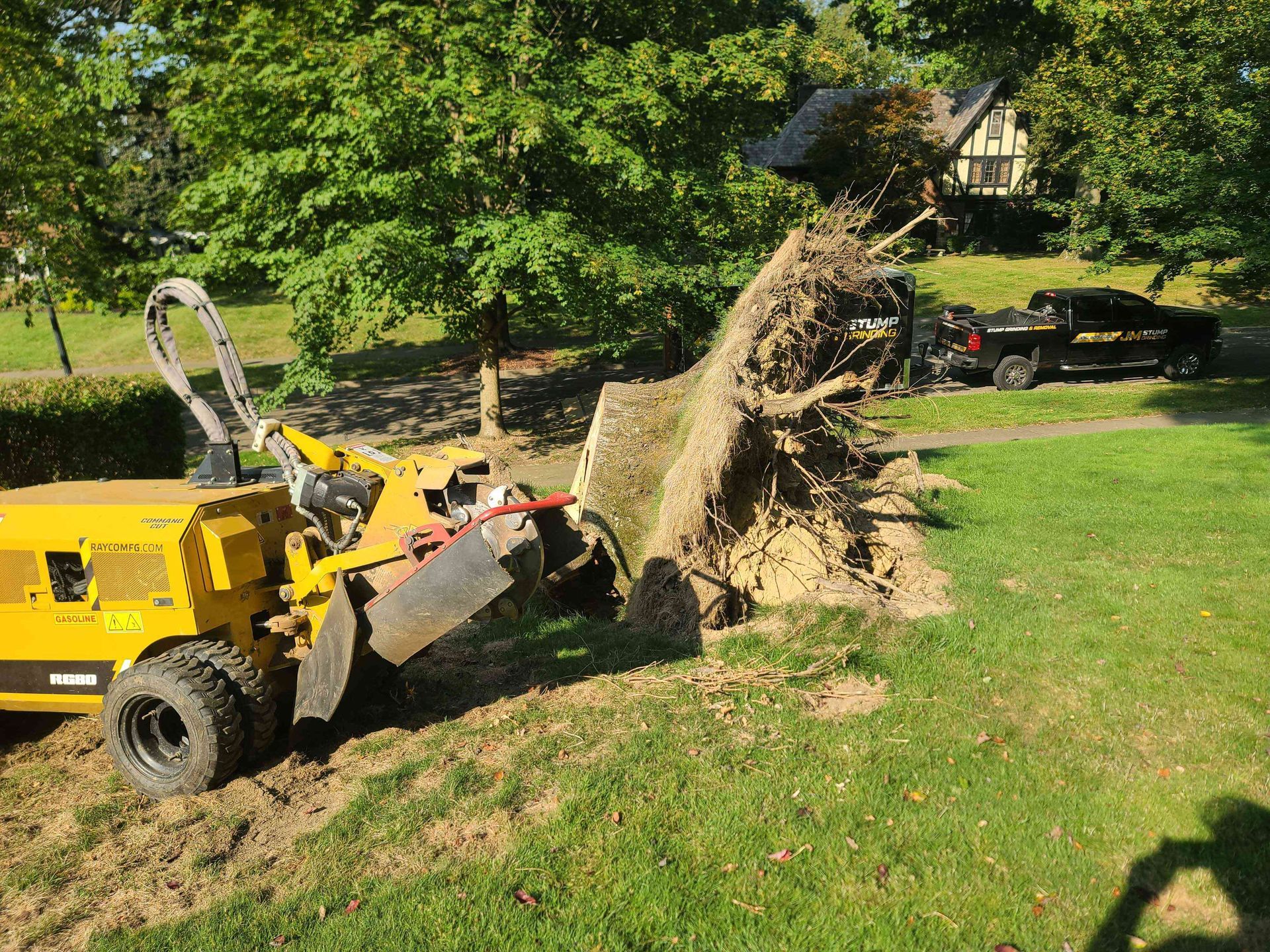 A yellow tractor is stump grinding a tree in a park.
