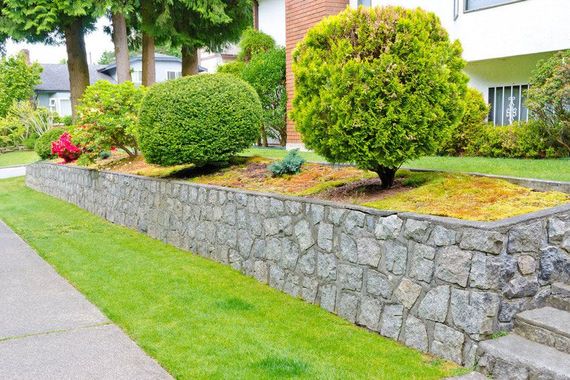 Stone retaining wall with a landscaped bed of greenery and shrubbery.