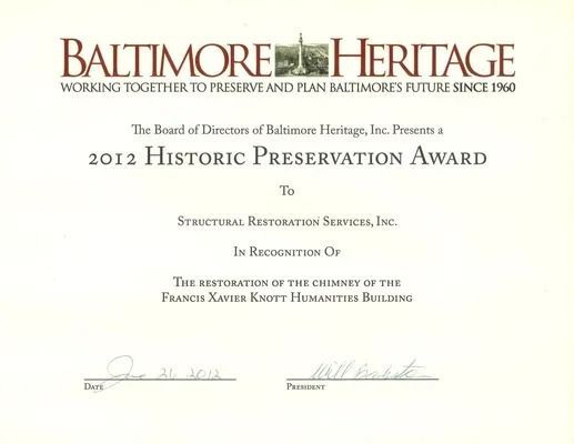 Award certificate from Baltimore Heritage, 2012. It recognizes Structural Restoration Services, Inc., for restoring the Xavier Knott Homestead Building.