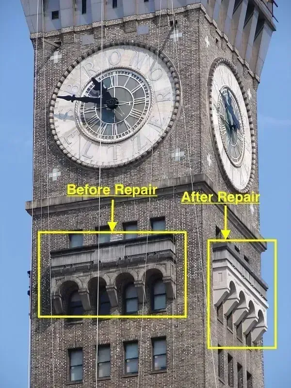 Clock tower comparison: Before repair shows arched balcony, after repair shows renovated balcony, both in yellow boxes.