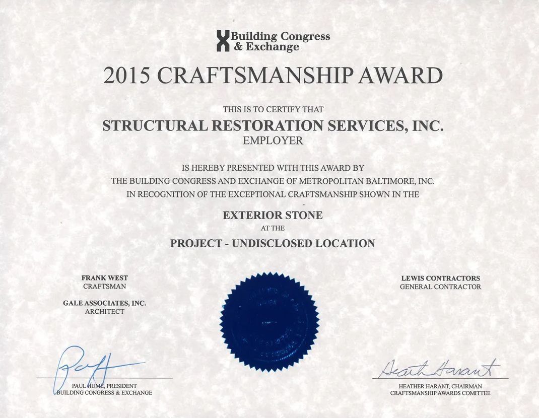 Certificate: 2015 Craftsmanship Award for Structural Restoration Services, Inc., for exterior stone work, with a blue seal.