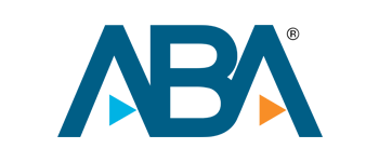 Logo for ABA with blue text, a blue triangle pointing left, and an orange triangle pointing right.