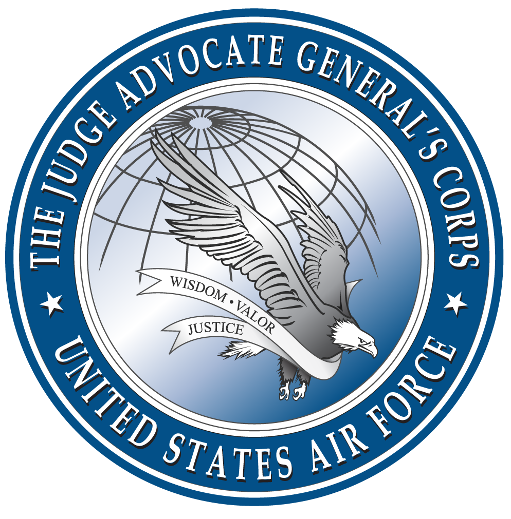 Seal of the Judge Advocate General's Corps, United States Air Force: Eagle in flight over a globe, with text.