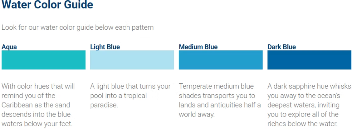 Water color guide with four shades: Aqua, Light Blue, Medium Blue, Dark Blue.