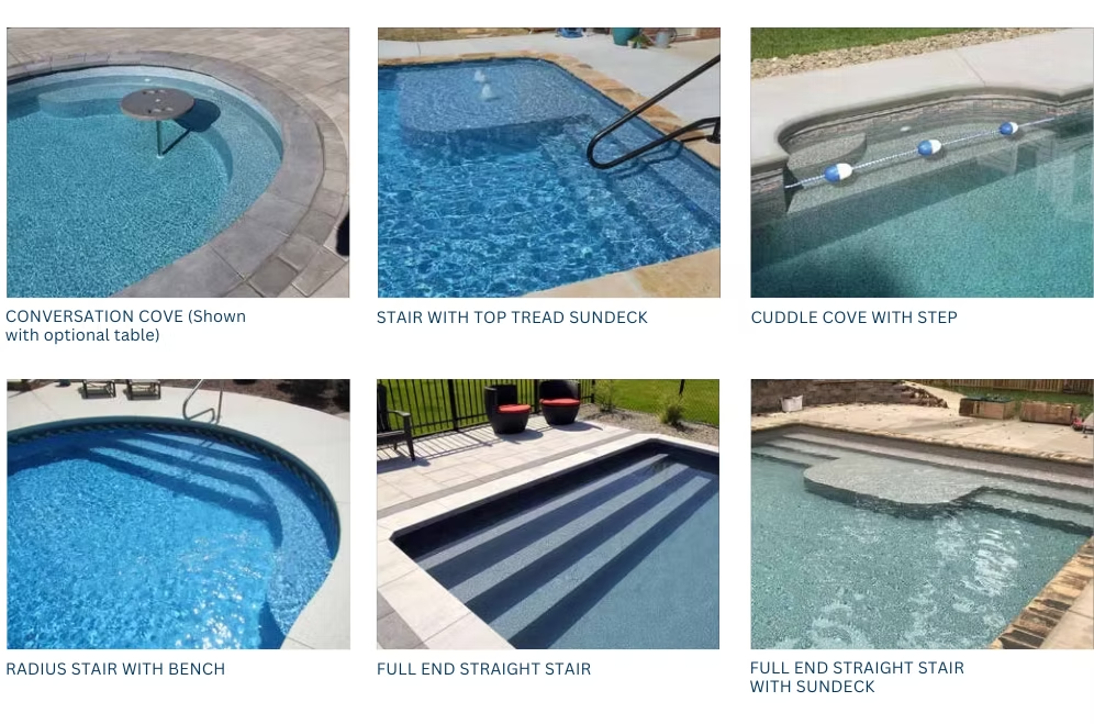 Pools with various features: hot tub, steps, ledges. Blue water, light stone surroundings.