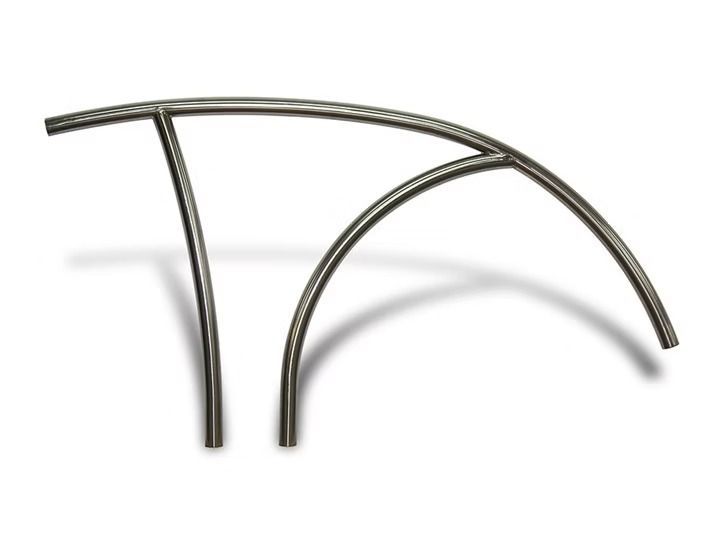 Metal curved railing structure, possibly for a boat or pool. Gray steel against a white background.