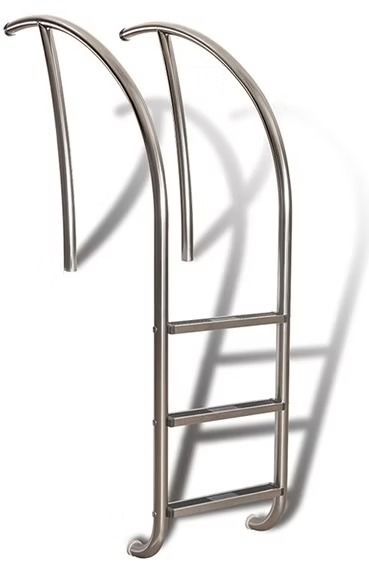 Pool ladder, stainless steel, with curved handrails. Three steps visible.