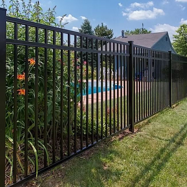 Black metal fence surrounds a grassy yard, partially obscuring a pool and house under a blue sky.