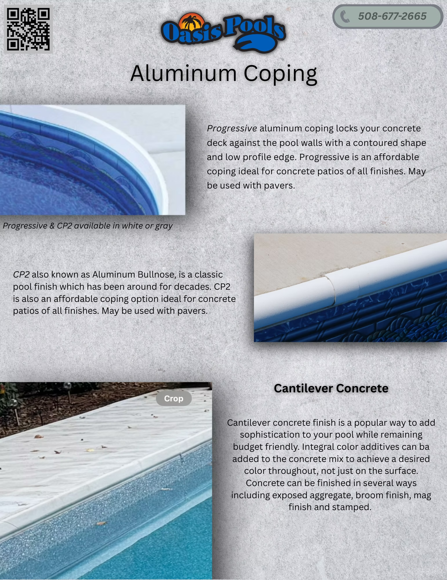 Flyer with details on aluminum coping and cantilever concrete pool features.