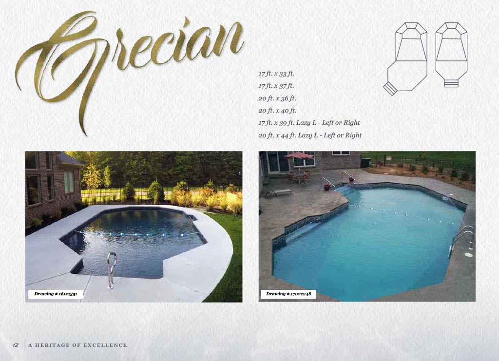 A product brochure page for 'Grecian' style inground pools, showing two examples and a geometric shape diagram.