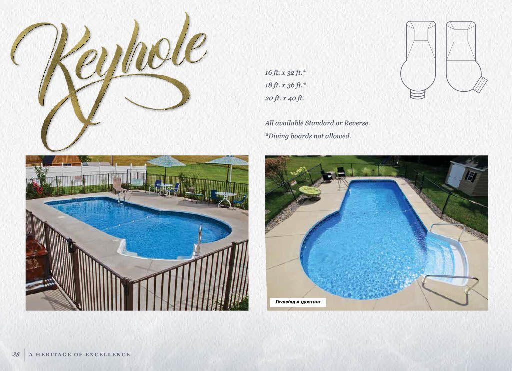 A brochure page showcasing the Keyhole pool shape with two photos of installed blue inground pools and a line drawing.