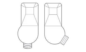 Line drawing of two variations of a bottle design, each showing a rectangular top section and a rounded base with a nozzle.