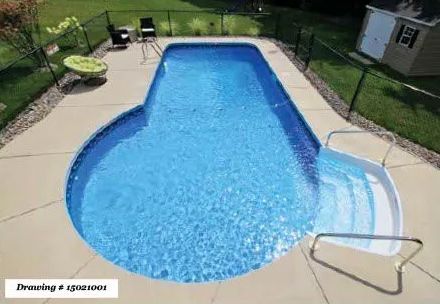 An aerial view of a blue, kidney-shaped inground swimming pool with white steps and a surrounding concrete patio.