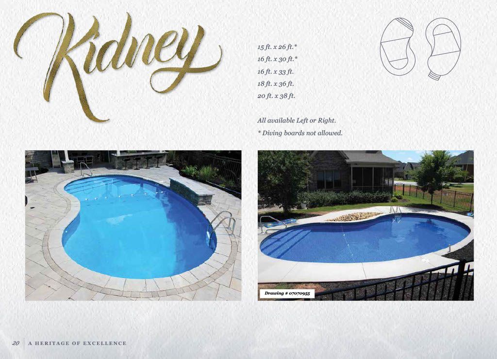 A promotional flyer showing two examples of kidney-shaped swimming pools with blue water and surrounding concrete decking.