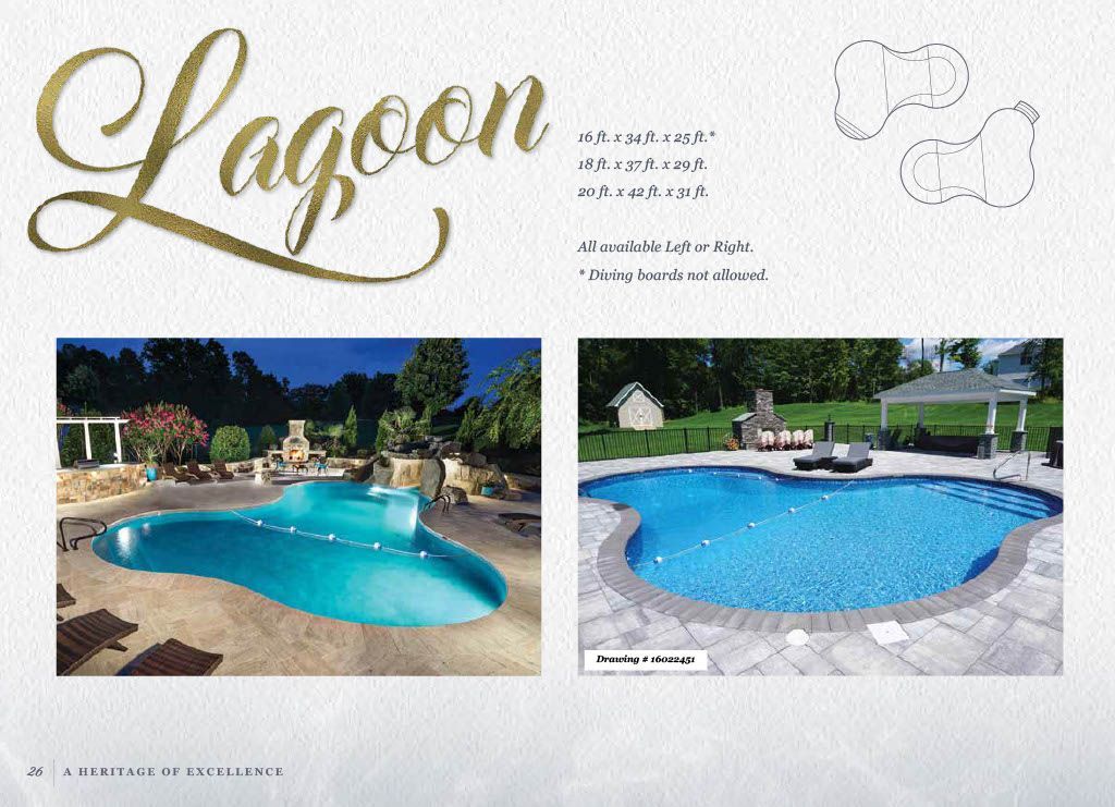 A brochure page featuring the Lagoon pool model, showing a schematic outline and two photos of kidney-shaped swimming pools.