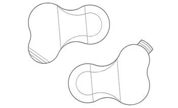 Two line-art diagrams of ergonomic, irregularly shaped ergonomic objects, one showing a top-down view and one an angle view.