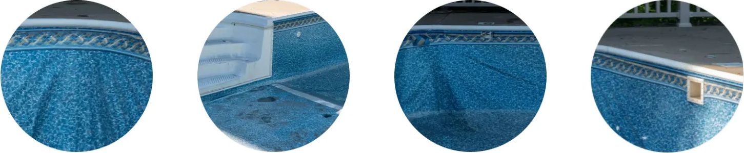 Four circular images showing details of a blue swimming pool liner, including corners, walls, and a return jet.
