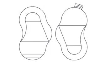 Outline drawing of two irregular, kidney-shaped forms, one with a small tab, shown side-by-side.
