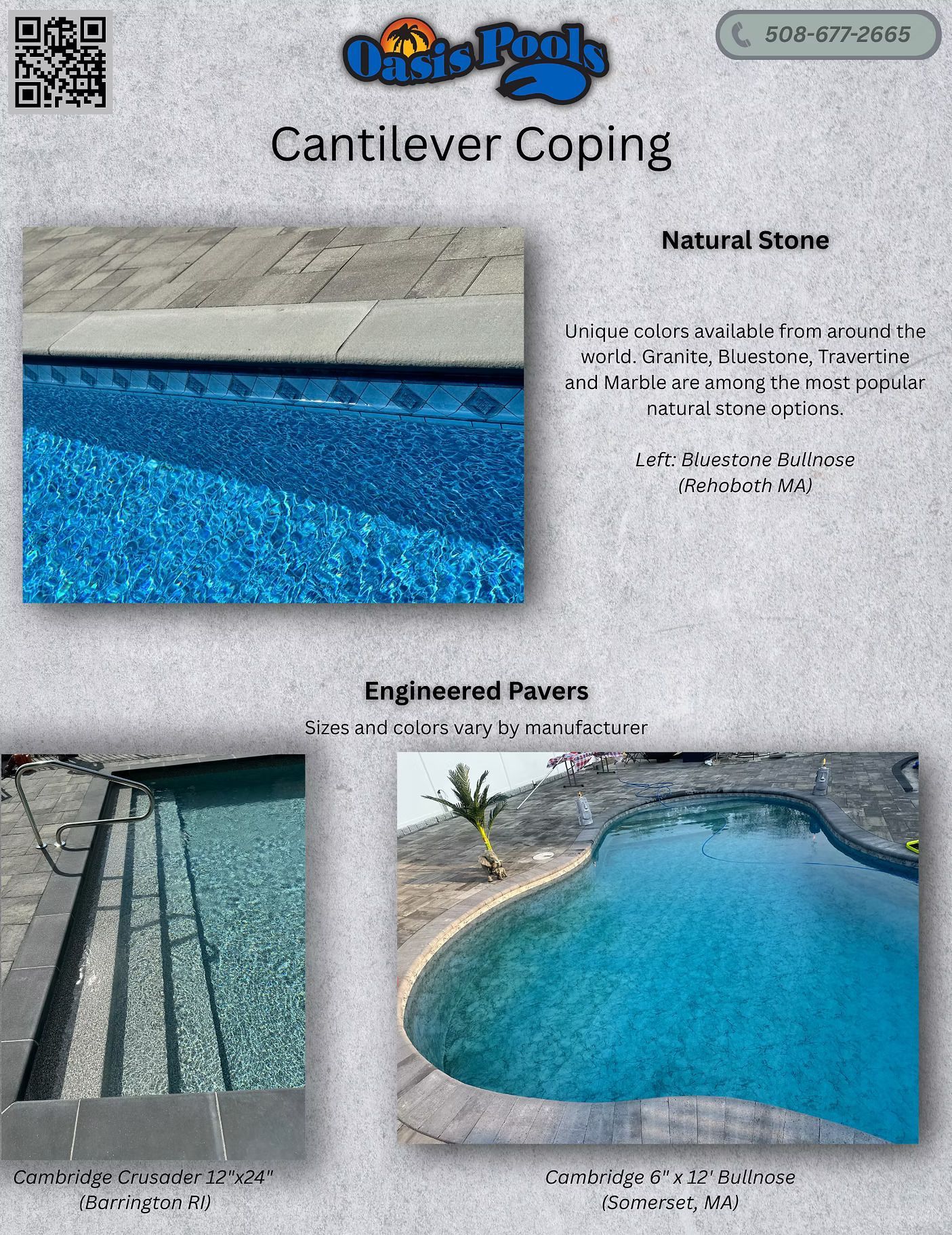 Flyer for Oasis Pools showcasing cantilever coping options in natural stone and engineered pavers.