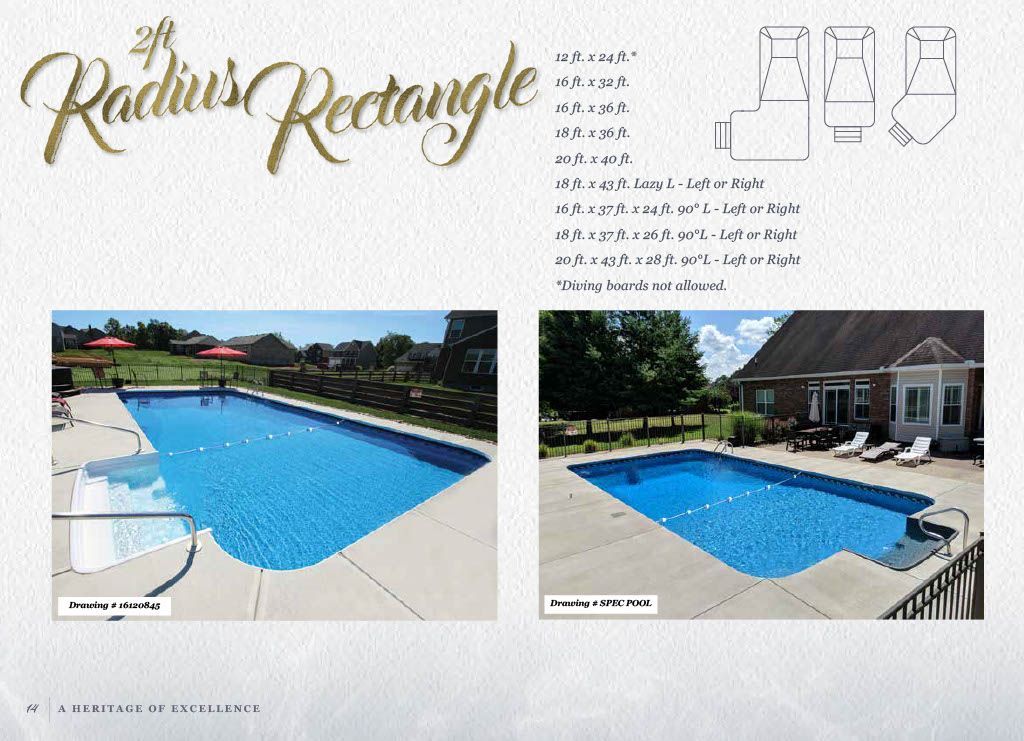 A brochure page showing a rectangular swimming pool with 2-foot rounded corners, featuring size options and two pool photos.
