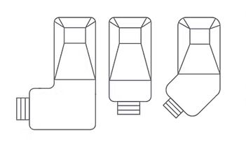 Three line drawings of a medical inhaler: side profile, front view, and an angled view.