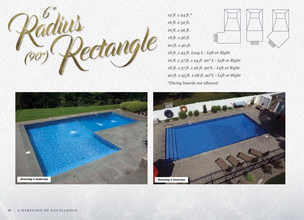 Marketing brochure page for a 6-inch radius rectangular swimming pool, showing two pool variations and size options.