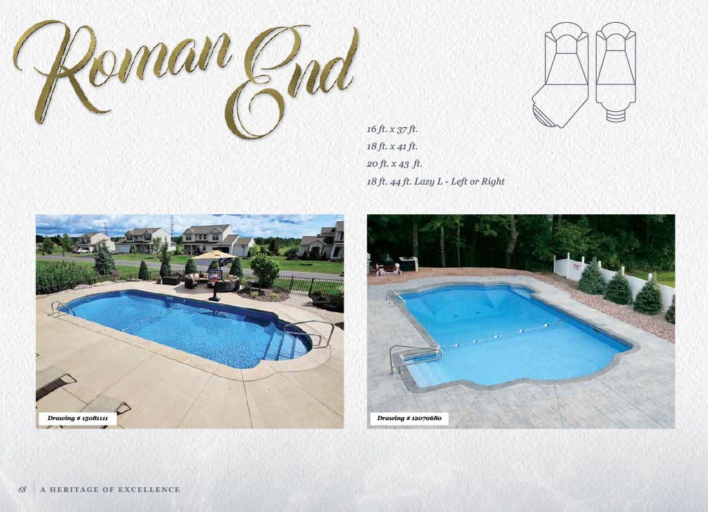 A Roman End pool design brochure featuring two swimming pools with curved, integrated staircase entries.
