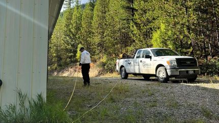 Person walking near a white pickup truck by a barn at the edge of a wooded area.