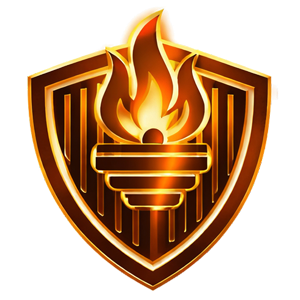 Golden shield logo with a flaming torch emblem on a white background