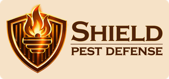 Shield Pest Defense logo with a brown-gold shield and flame icon on a beige background