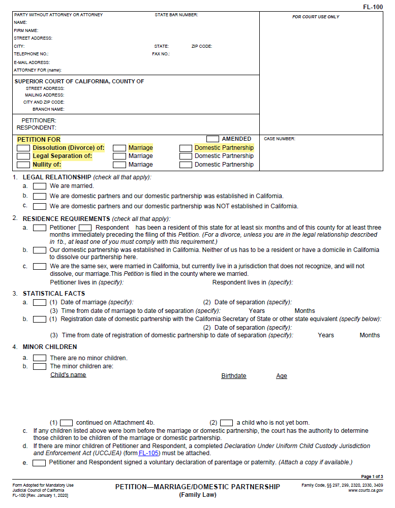 Petition - Marriage/Domestic Partnership form