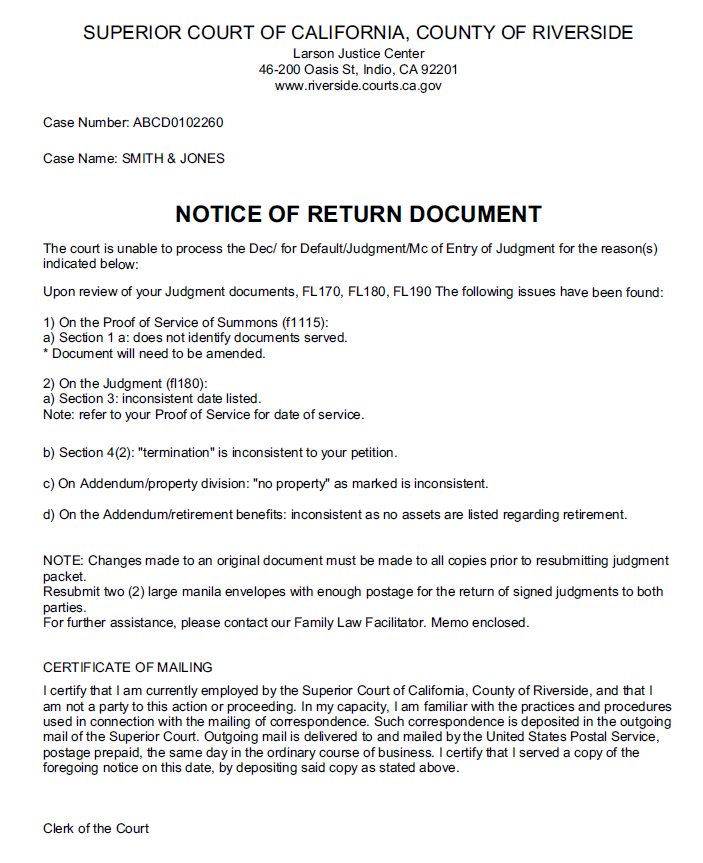 Notice of return document