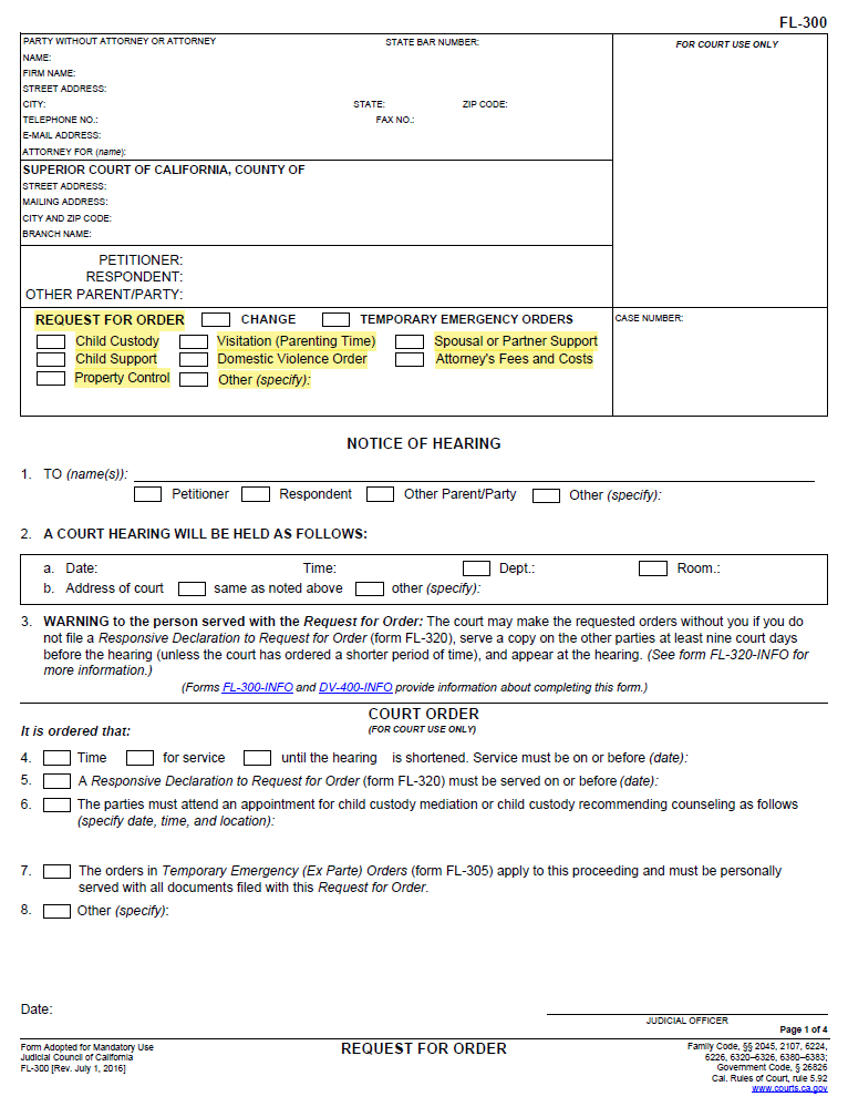 Request for Orders for Child Support form