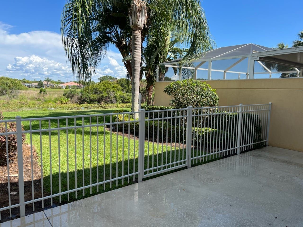 A patio with a fence and a palm tree in the background