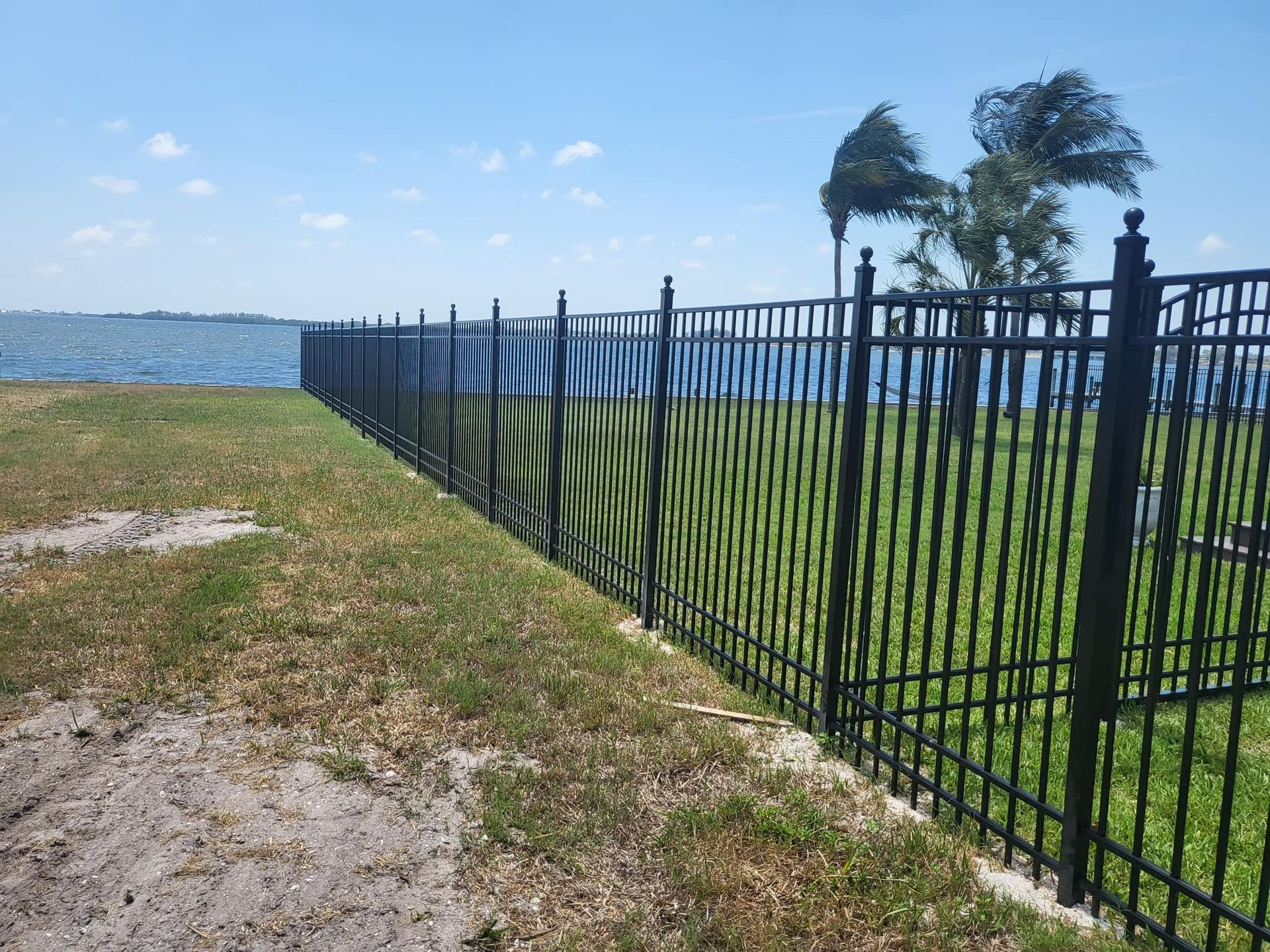 A black fence surrounds a grassy field with a body of water in the background.