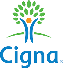 Cigna logo: blue abstract person under a green tree with a sun-like orange circle head.