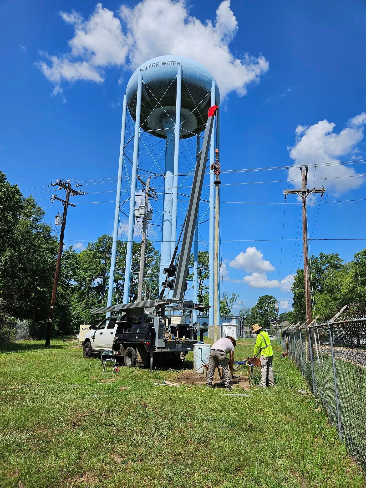Water tower being worked on by two people, a truck with a boom, and a blue sky.