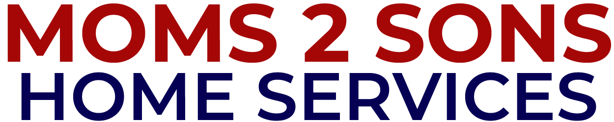 A red and blue logo for moms 2 sons home services