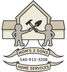 A red and blue logo for moms 2 sons home services