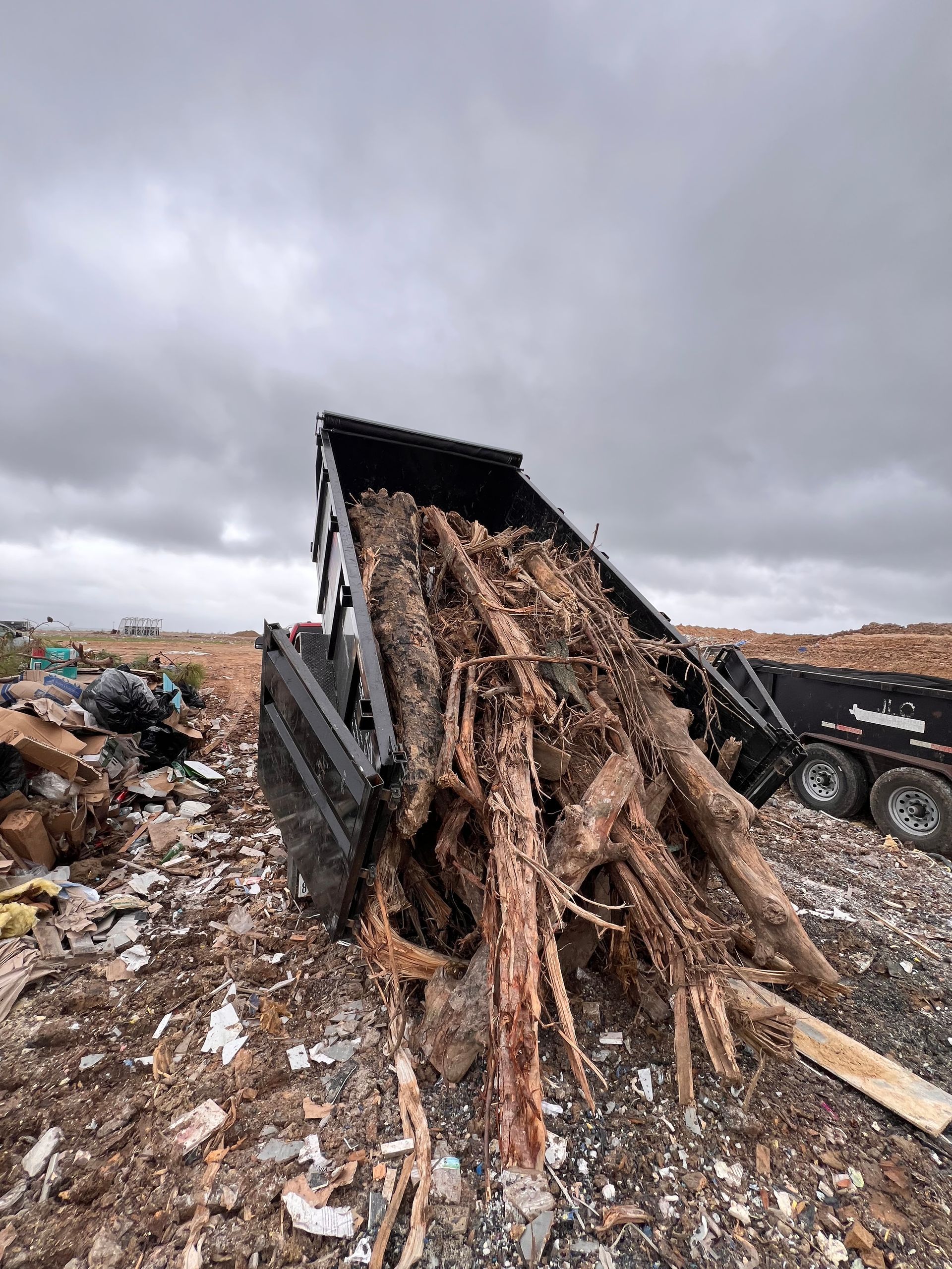 Dump truck unloading a load of tree branches and debris at a landfill under a cloudy sky