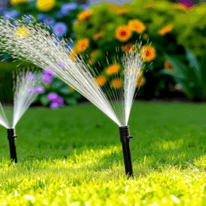 Sprinklers spraying water on green lawn with colorful flowers in the background.