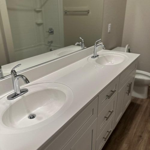 Double-sink bathroom vanity with large mirror, chrome faucets, and a toilet in the background