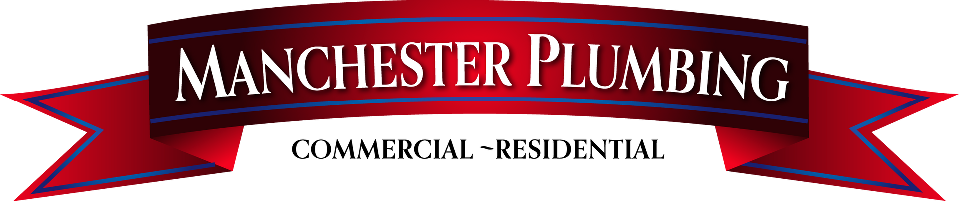 Manchester Plumbing logo on a red ribbon banner, with “Commercial - Residential” text.