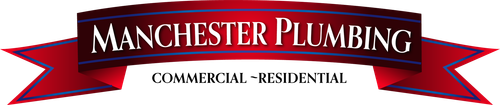 Manchester Plumbing logo on a red ribbon, with “Commercial - Residential” text.